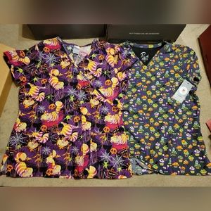 Halloween Scrub Top Lot of 2 Chesire Cat (nwot) and Cucakes (nwt) Size Large